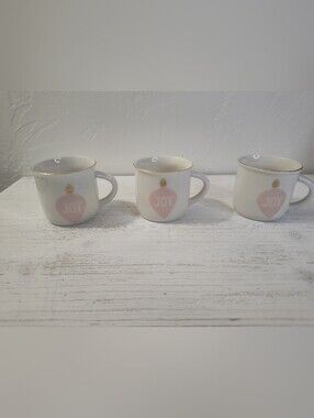 Set of 3 Home Expressions Espresso Cups Gold Rim White & Pink Holiday "Joy" 2 oz